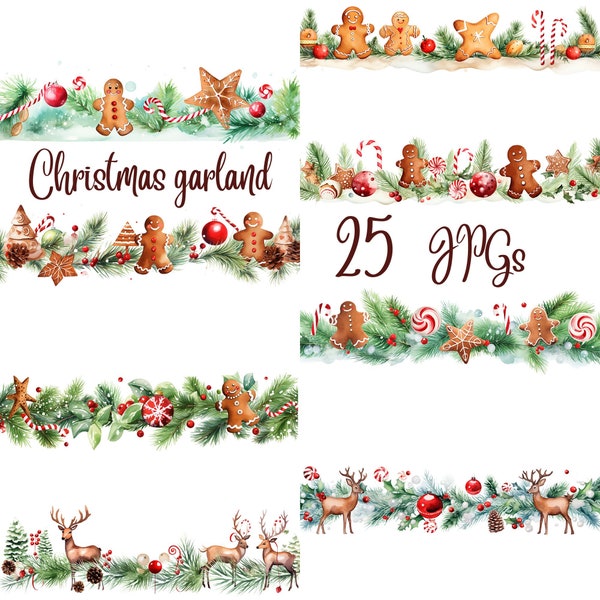 25 Christmas garland Clipart - High Quality JPGs - Digital Planner, Junk Journaling, Watercolor, Commercial Use - Digital Download