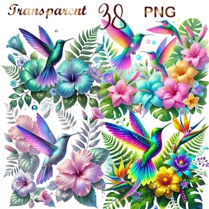 May include: A digital illustration of colorful hummingbirds flying among vibrant tropical flowers. The flowers are in shades of pink, blue, yellow, and green. The hummingbirds are iridescent and have long, slender beaks.