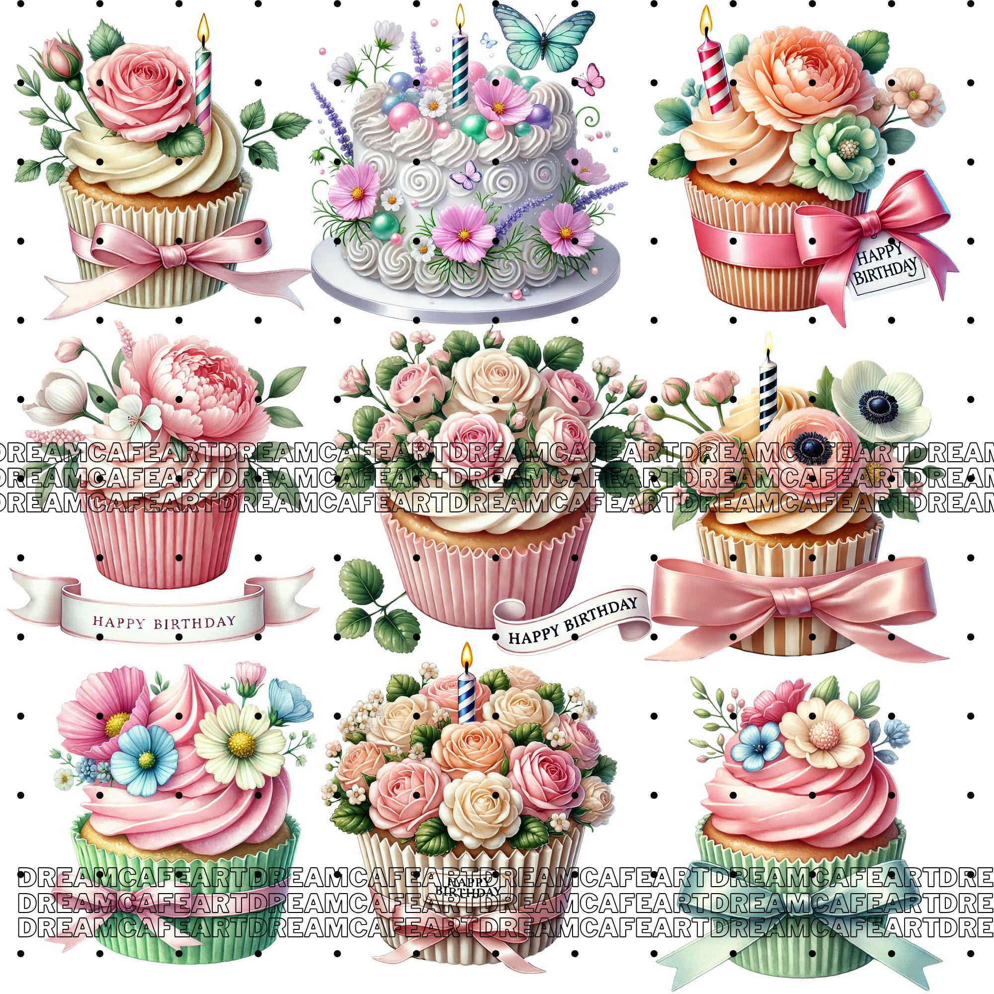 140 PNG Floral Cupcake Clipart Bundle – Watercolor Birthday Cupcakes ...