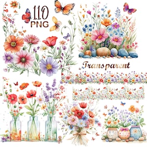 110 Watercolor Wildflowers Clipart PNG, Wildflowers  bouquet Clip art, Wildflowers Border clipart,Frame art, Digital Download,Commercial Use