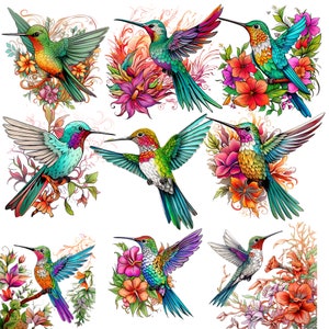 Op de afbeelding: Een digitale illustratie van negen kleurrijke kolibries met ingewikkelde bloemmotieven. De kolibries worden afgebeeld in verschillende poses, met hun vleugels uitgespreid en hun snavels open. De bloemen zijn een mix van roze, rood, oranje en geel.