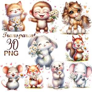30 PNG、花とかわいい赤ちゃん動物のクリップアート バンドル、象のクリップアート、子猫のクリップアート、馬のクリップアート、羊のクリップアート、キツネのクリップアート、マウスのクリップアート