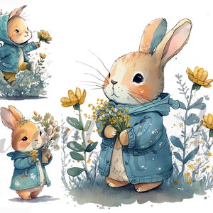 12 Bunny with Flower Clipart,PNG & JPGs, High Quality, Mixed media, Paper crafts, Watercolor,Cute bunny,Bunny clipart,Bunny with Flower
