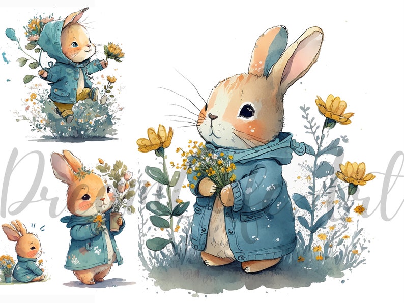 Watercolor Bunny Flower Clipart, Cute Rabbit PNG JPG (digital Download ...