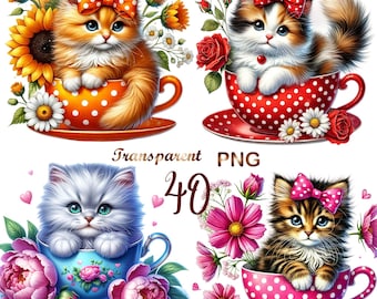 40 PNG Floral Cat Clipart Bundle, Adorable Kitten Designs, Instant Digital Download, Unlimited Commercial Use
