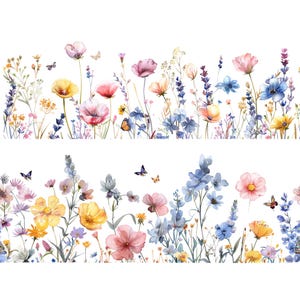 Watercolor Wildflower Border Clipart: Floral PNG, Seamless Design (Digital Download, Commercial Use)