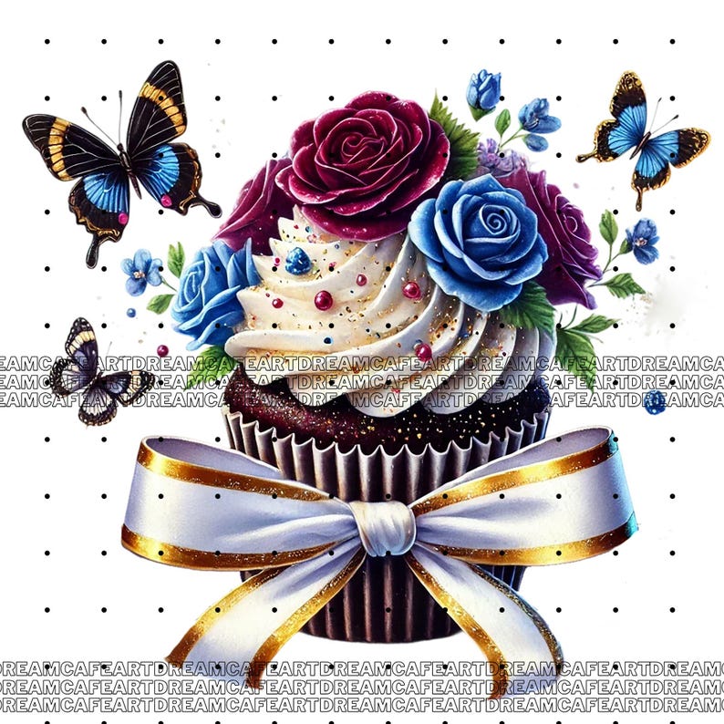 Puede incluir: Un cupcake de chocolate cubierto con glaseado blanco y chispas de colores. El cupcake est&aacute; decorado con un ramo de rosas rojas y azules y dos mariposas. Una cinta blanca con ribete dorado est&aacute; atada alrededor del cupcake.