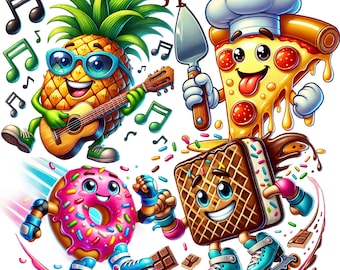 May include: Four cartoon characters on roller skates. A pineapple wearing sunglasses plays a guitar, a pizza slice wearing a chef's hat holds a spatula, a donut with pink frosting and sprinkles smiles, and a waffle ice cream sandwich with chocolate sauce smiles.