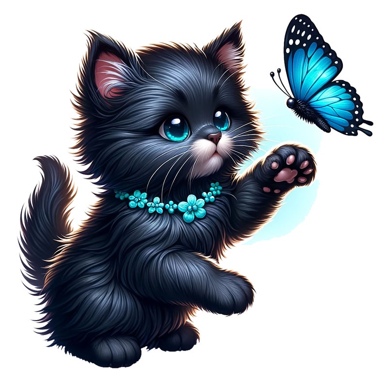 Puede incluir: Un gatito negro con ojos azules y un collar de flores turquesa extiende su pata hacia una mariposa azul con manchas negras.