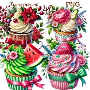 40 PNG, Floral Cupcakes Clipart bundle, Flower Cupcake Illustrations, Dessert Art, Instant Digital Download, Unlimited Commercial Use Crafts