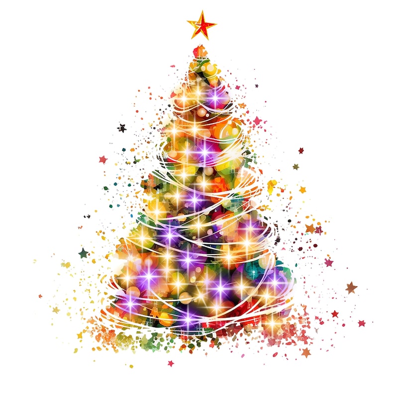 May include: A colorful watercolor Christmas tree with white lights and a star on top. The tree is surrounded by colorful splatters of paint.