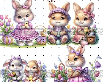 Pode incluir: Doze imagens digitais de coelhos de desenho animado fofinhos em várias poses, vestindo vestidos rosa e roxo, segurando cestas de ovos de Páscoa e pintinhos. As imagens estão em um fundo branco com bolinhas pretas.