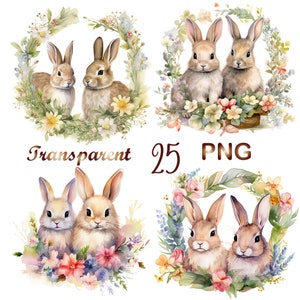 25 Bunnies With Flower Wreaths Clipart PNG, Bunny Sublimation Design, Digital Download, Commercial Use, Digital Download