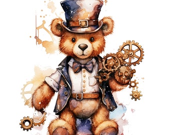 10 Steampunk Teddy Bear Clipart JPGs, High Quality, Digital Planner, Paper crafts, Watercolor,Teddy bear, Teddy Bear, Cute Teddy bear, Teddy