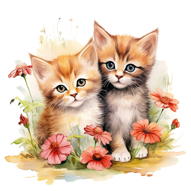 May include: A watercolour illustration featuring two cute kittens with ginger and brown fur, nestled amongst pink and red flowers. The image has a soft, artistic style, creating a feeling of warmth and playfulness. The background is white.