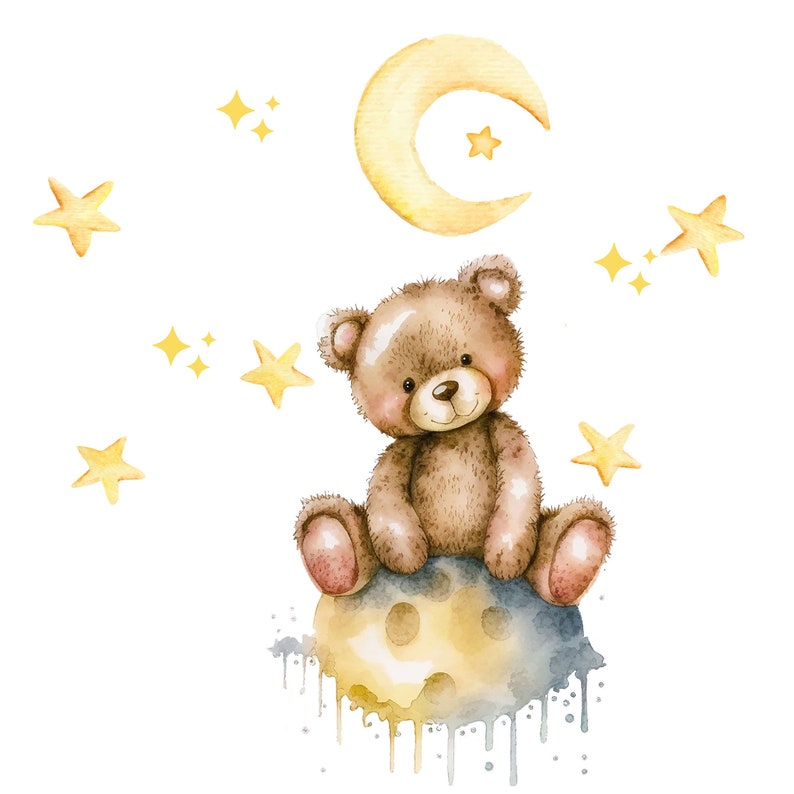 May include: A watercolour illustration of a brown teddy bear sitting on a yellow moon with a crescent moon and stars in the background.