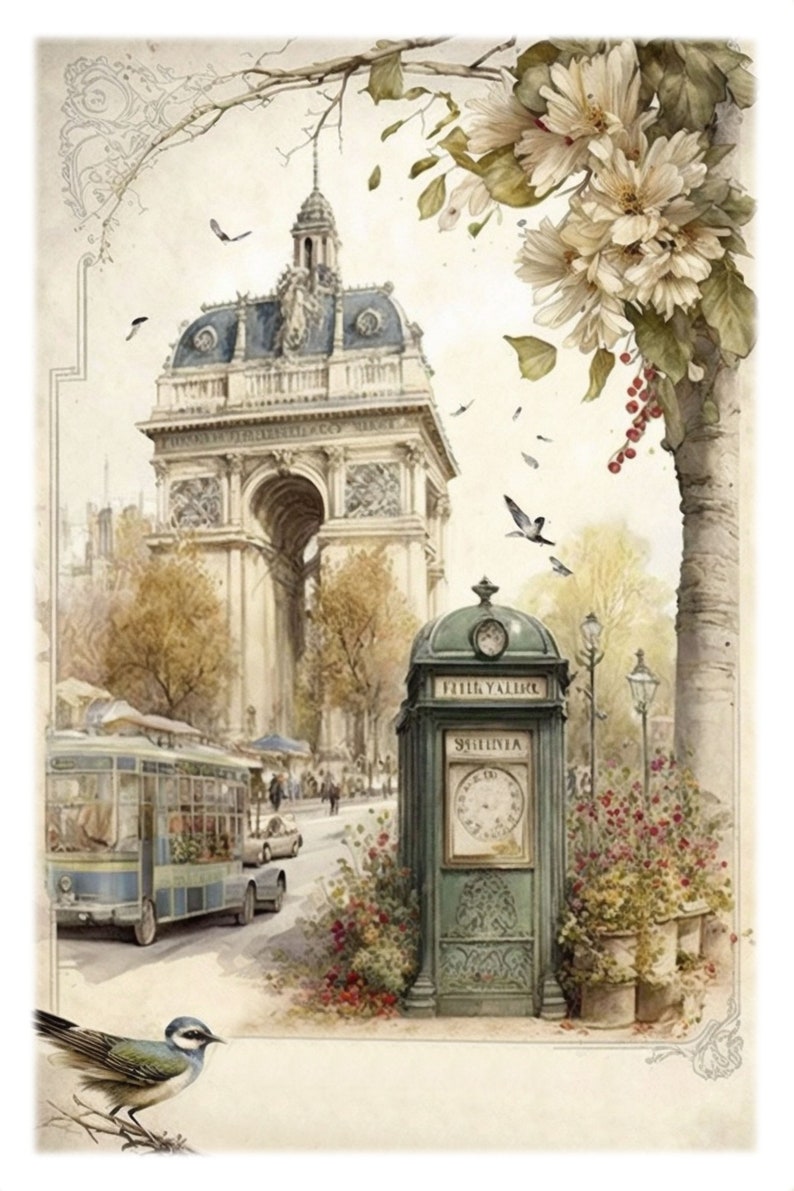May include: A watercolor painting of a Parisian street scene with a large archway, a vintage streetcar, and a green public clock with the text "Ville Yaillec" and "Sreiliva" on it. The scene is framed by a tree with white flowers and red berries.
