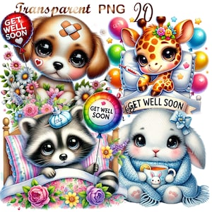 20 PNG, Get Well Soon Clipart bundle,Adorable Animal Illustrations Designs,Cheerful Recovery Theme,Digital Download,Unlimited Commercial Use