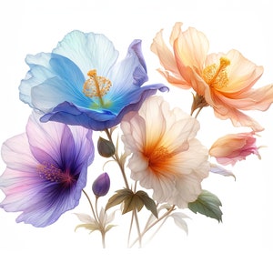 K&ouml;nnte beinhalten: Ein Strau&szlig; zarter Blumen in sanften Pastellfarben. Die Blumen umfassen eine hellblaue Mohnblume, eine violette Blume mit einem rosa Zentrum und eine blasspfirsichfarbene Blume mit einem gelben Zentrum.