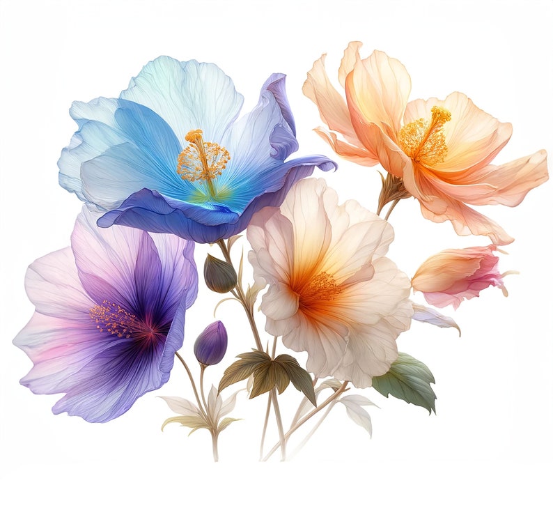 K&ouml;nnte beinhalten: Ein Strau&szlig; zarter Blumen in sanften Pastellfarben. Die Blumen umfassen eine hellblaue Mohnblume, eine violette Blume mit einem rosa Zentrum und eine blasspfirsichfarbene Blume mit einem gelben Zentrum.