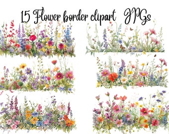15 Flower border clipart, High Quality JPGs, Digital Download - Card Making, Mixed Media, Digital Paper Craft, Floral clipart