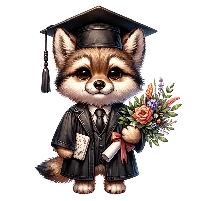 May include: A cute cartoon wolf wearing a black graduation cap and gown, holding a diploma and a bouquet of flowers.