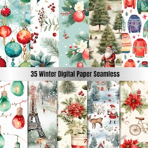 35 papier numérique d'hiver sans couture, coutures de fond vintage de Noël, toile de fond paysage de Noël, téléchargement journal indésirable, scrapbooking