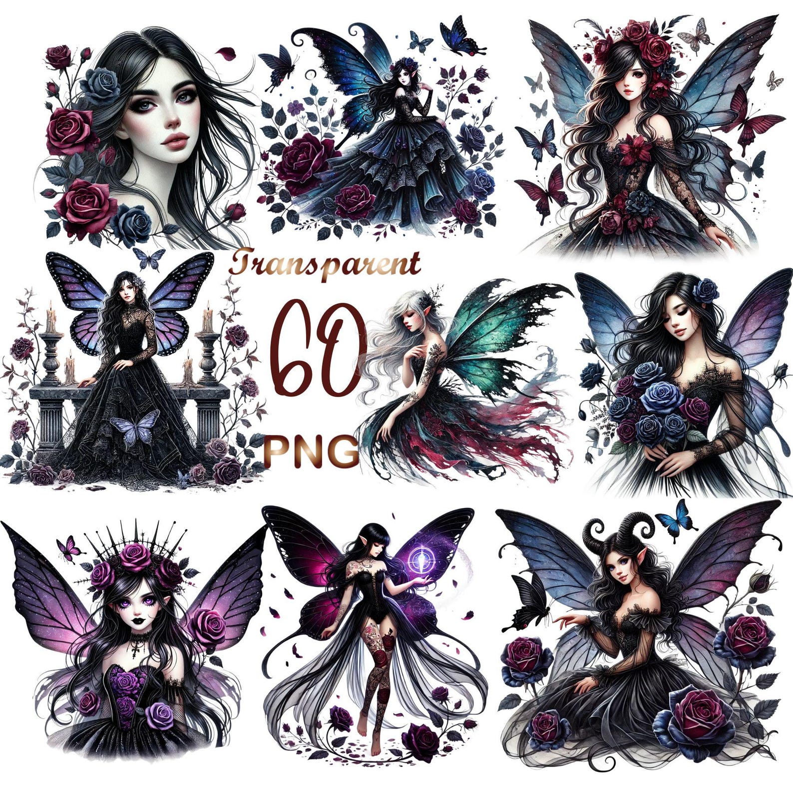 60 PNG Gothic Fairy Clipart Bundle – Watercolor Fairy Characters ...