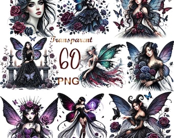 60 PNG Gothic Fairy Clipart Bundle – Watercolor Fairy Characters, Mystical Fantasy Fairies, Digital Download, Commercial Use Crafts