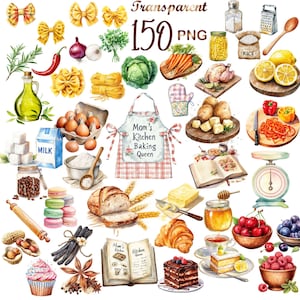 May include: Watercolor illustration featuring a variety of food items and kitchen tools. Includes pasta, vegetables, eggs, a chicken, and a Mom's Kitchen Baking Queen apron. The image also contains the text "Transparent 150 PNG".