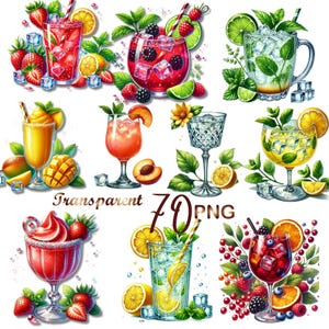 May include: A collection of 10 colorful illustrations of summer cocktails with various fruits, berries, and garnishes. The drinks include a red cocktail with berries, a green cocktail with mint, a yellow cocktail with mango, a blue cocktail with lemon, and a red cocktail with ice.