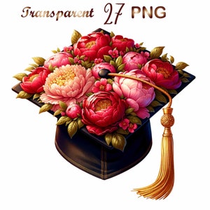 May include: A black graduation cap decorated with a bouquet of pink and red peonies, roses, and other flowers. The cap has a gold tassel.