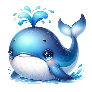May include: A cartoon illustration of a blue whale with a big smile and large eyes. The whale is surrounded by blue water droplets and has a spout of water coming from its blowhole.