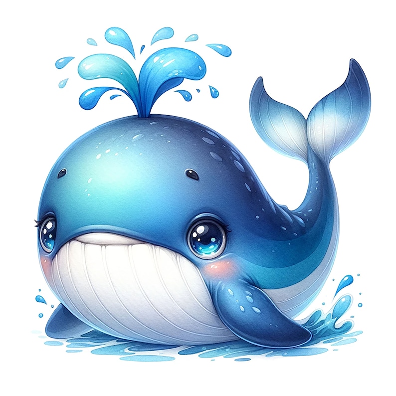 May include: A cartoon illustration of a blue whale with a big smile and large eyes. The whale is surrounded by blue water droplets and has a spout of water coming from its blowhole.
