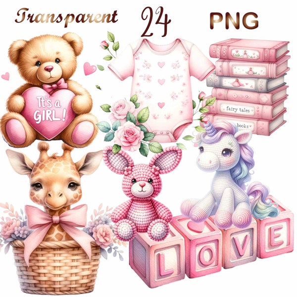 24 cliparts aquarelle babyshower, clipart nouveau-né, clipart pour nouveau-né, clipart bébé bienvenue, lot de cliparts bébé fille, sexe révéler png