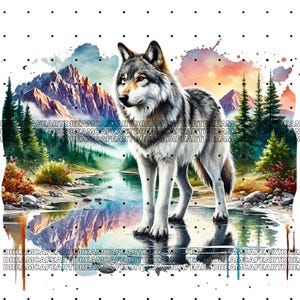 May include: A watercolor painting of a wolf standing in a mountain lake. The wolf is gray and white with a red eye. The background is a colorful watercolor of mountains, trees, and a lake.