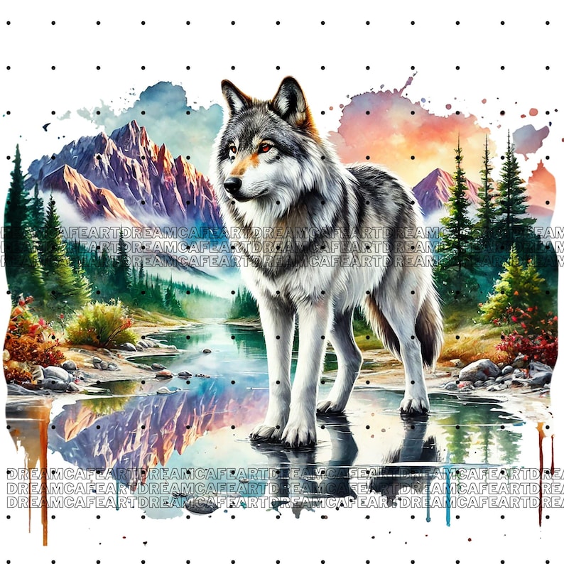 May include: A watercolor painting of a wolf standing in a mountain lake. The wolf is gray and white with a red eye. The background is a colorful watercolor of mountains, trees, and a lake.