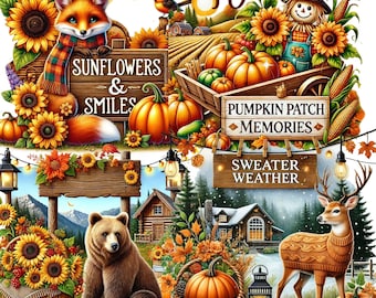 40 PNG, Autumn Signs Clipart bundle, Fall-Themed Sign Illustrations designs, Instant Digital Download, Unlimited Commercial Use for Crafts