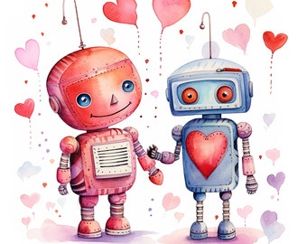 14 Watercolor Valentines Robot clipart  JPGs,Valentines Robots high quality JPGs files,Valentines graphics, cute Robots, fantasy clipart