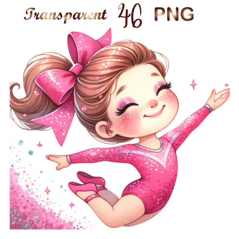 Puede incluir: Una ilustraci&oacute;n de dibujos animados de una gimnasta con un leotardo rosa con purpurina, un lazo rosa en el pelo y una gran sonrisa. Est&aacute; en el aire, con los brazos extendidos, con purpurina rosa cayendo a su alrededor.