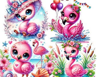 Flamingos Clipart Bundle, Cute Pink Birds Graphics Designs, 36 PNG set1 Cute Flamingos art,Instant Digital Download,Unlimited Commercial Use
