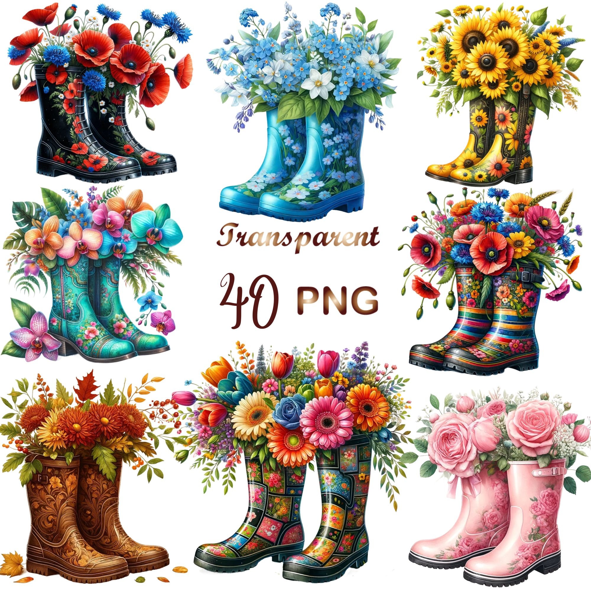 40 PNG, lot de cliparts de bottes de jardin floral, bottes avec des graphiques de fleurs, clipart jardin, fleurs, lot de clipart bottes de jardin, usa