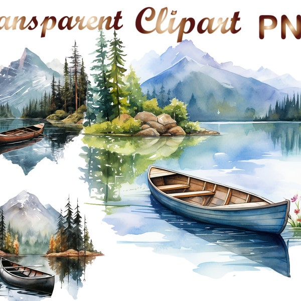 10 Watercolor canoe in lake png, Canoe in lake clipart, Canoe clipart, Digital Download, Card Making, Mixed Media, Digital Paper Craft