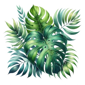 Peut inclure: Une illustration aquarelle de feuilles tropicales dans des tons de vert. Les feuilles sont dispos&eacute;es en forme de bouquet, avec la plus grande feuille au centre.