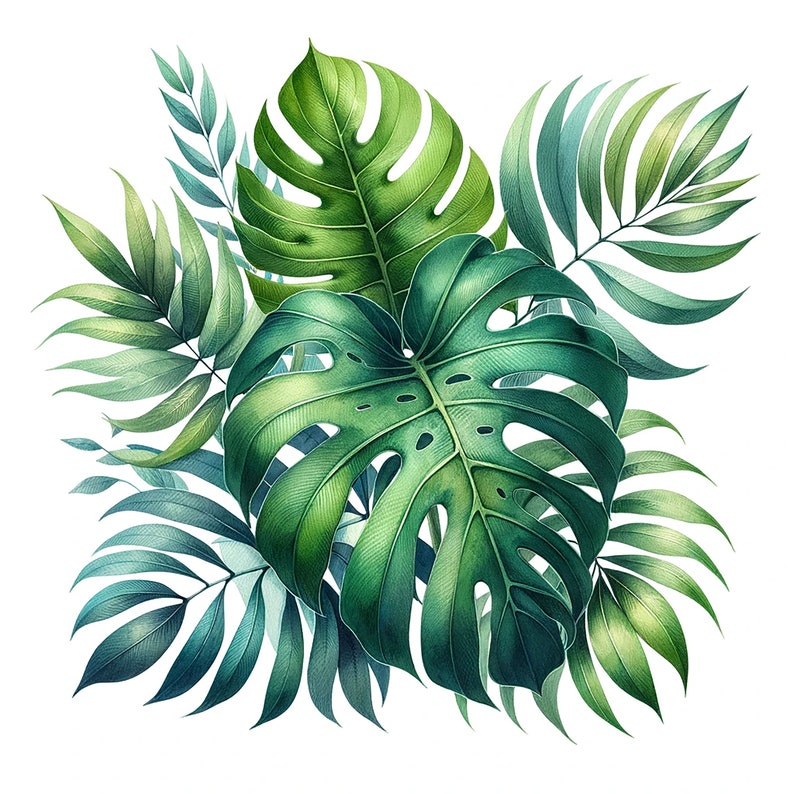 Peut inclure: Une illustration aquarelle de feuilles tropicales dans des tons de vert. Les feuilles sont dispos&eacute;es en forme de bouquet, avec la plus grande feuille au centre.
