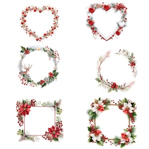 May include: Six watercolour wreaths in heart, circle, and square shapes. Decorated with red berries, white and red flowers, pine needles, and a deer. Ideal for festive or seasonal decorations.