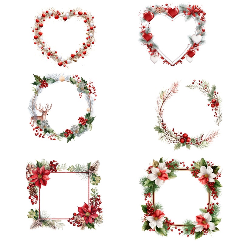 May include: Six watercolour wreaths in heart, circle, and square shapes. Decorated with red berries, white and red flowers, pine needles, and a deer. Ideal for festive or seasonal decorations.