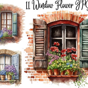 May include: Watercolor illustrations of windows with flower boxes. The windows are set in brick walls and have shutters. The flower boxes are filled with colorful flowers. The text "11 Window Flower JPGs" is at the top.