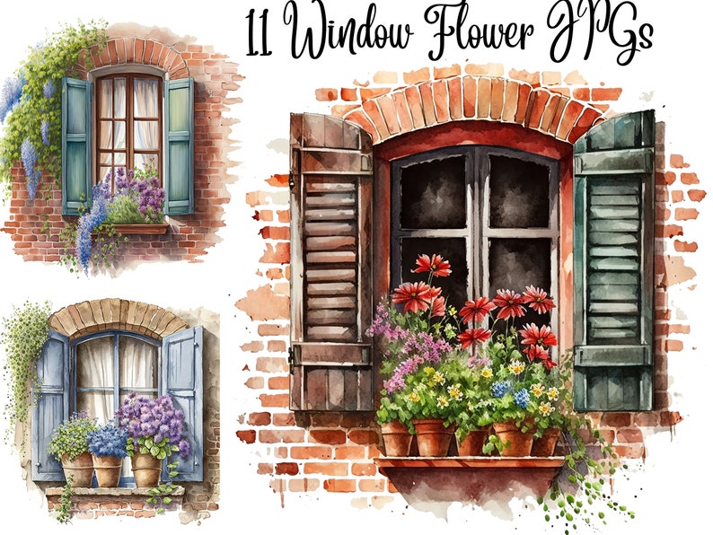 May include: Watercolor illustrations of windows with flower boxes. The windows are set in brick walls and have shutters. The flower boxes are filled with colorful flowers. The text "11 Window Flower JPGs" is at the top.