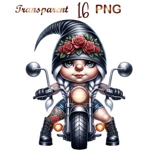 May include: A gnome with white braids wearing a black leather hat with red roses, riding a black motorcycle with a bright headlight.